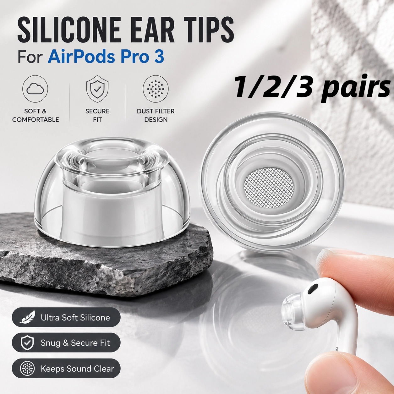 Silicone Ear Tip Replacement - 1/2/3 ペアの透明な液体シリコンイヤーチップ AirPods Pro 3 交換用イヤホンキャップ