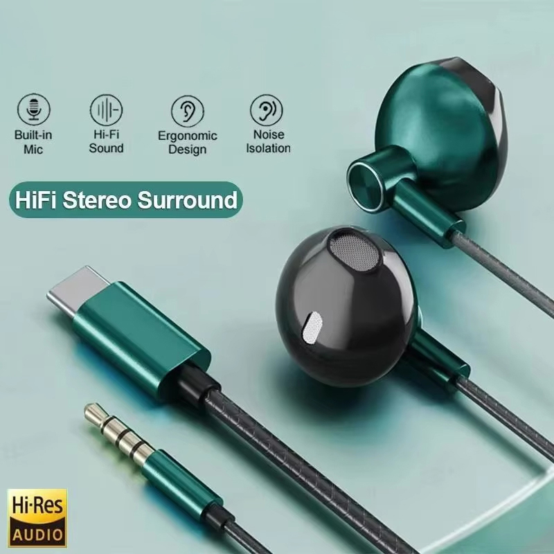 Wired Earphone Mic - Type-C 3.5mm HIFIステレオ有線イヤホン 重低音 インイヤーヘッドホン マイク付きイヤホン