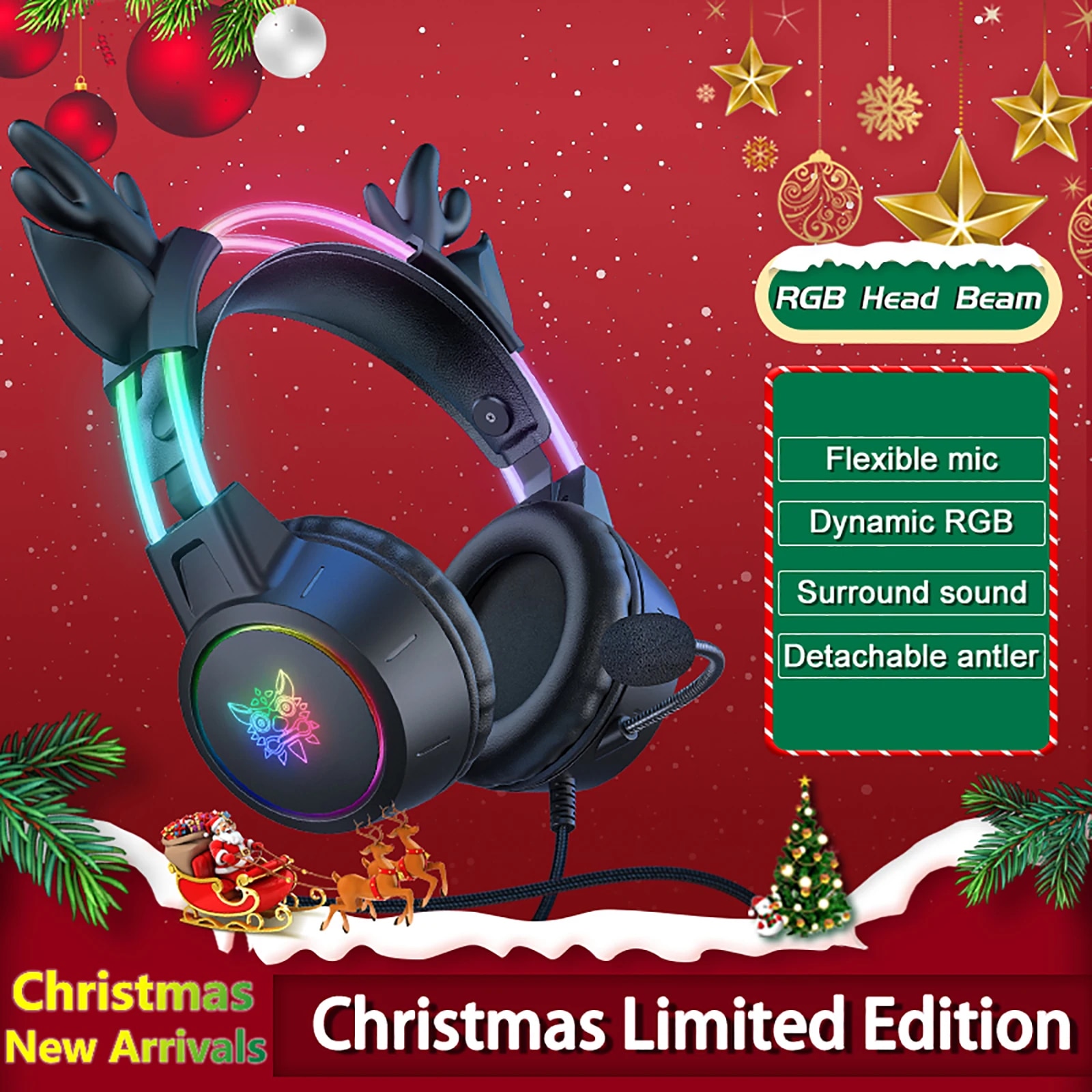 Gaming Headset Rgb - Onikumaゲーミングヘッドセット2024新しいクリスマスギフトホルダー付き取り外し可能角rgbライトヘッドフォンノイズキャンセリングマイク付き